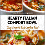 Close-up of Tomato Basil Chicken Orzo Soup in a white bowl showing chicken, basil, and pasta in flavorful broth.